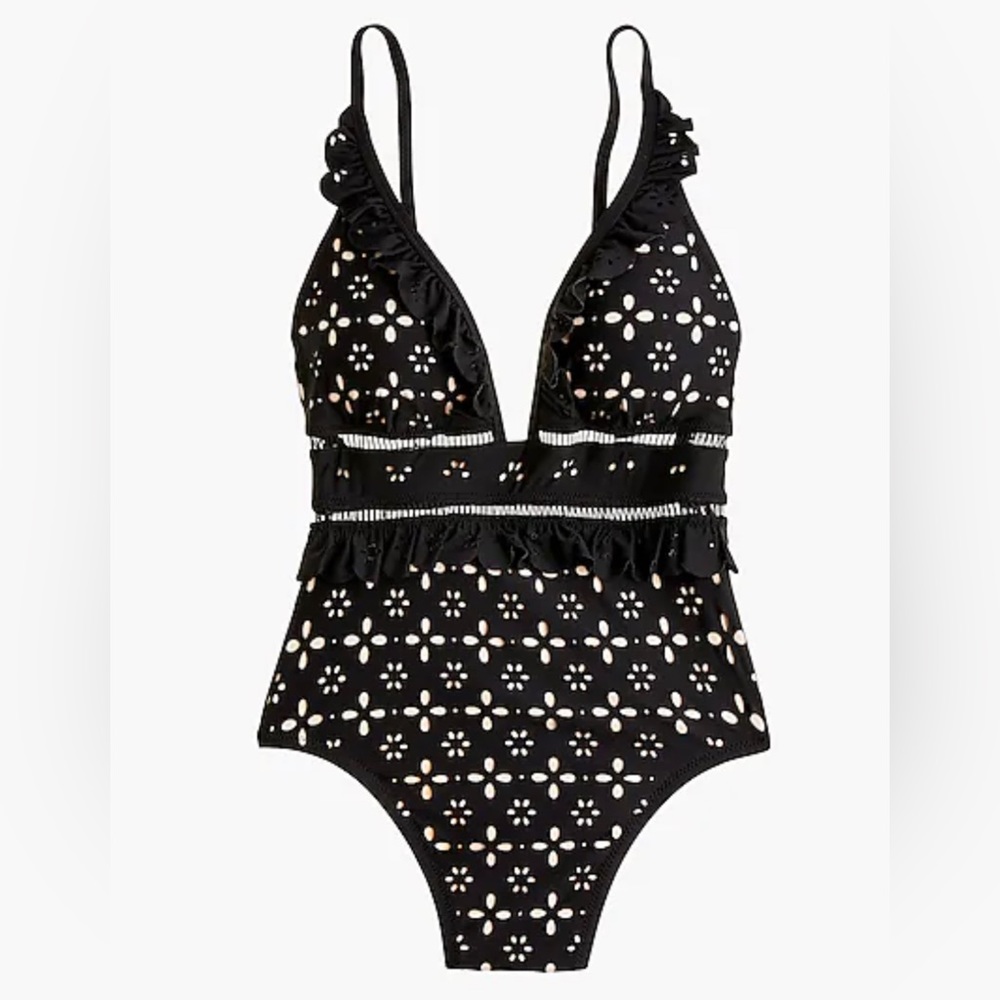 Scalloped ruffle plunging one-piece swimsuit in laser-cut eyelet size 10 NWT